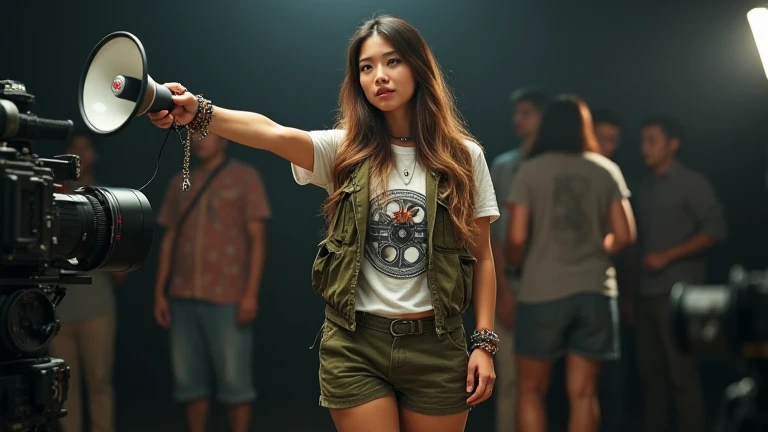 (((photorealism:1.2))), A realistic and high-quality cinematic image of a 35-year-old Thai woman with light tan skin and long brown hair streaked with dark blonde highlights. She is tall and confident, exuding leadership. She is wearing olive green shorts ...