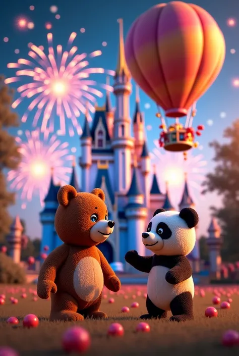 Teddy Bear and Panda，fireworks，2025，Disney Castle，balloon