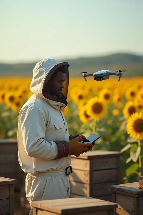  A beekeeper dressed in protective beekeeping equipment and farmers gloves flies a drone over a series of hives. Behind him, a vast field of sunflowers sways gently in the breeze .