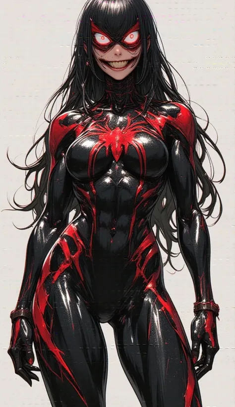 beautiful mature woman with , ( Better quality,  very detailed representation ,  incredibly absurd high definition ,  beast-sharp teeth , Curved legs, detailed pupil, ceramic skin,  High quality anime drawings : 2.0), ( Wearing a black Spider-Man costume,w...