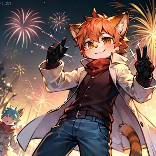 Orange Cat Orange Hair Shota Smile Cotton Coat Cotton Pants Red Scarf Black Gloves Snow Fireworks Happy New Year 2025