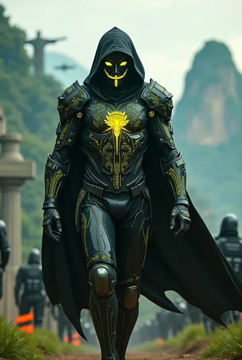 A hyper-realistic and awe-inspiring depiction of a mysterious male warrior inspired by the rebellious spirit of Anonymous walking boldly across a futuristic battlefield in the heart of Brazil. His armor is a sleek fusion of black and glowing green, yellow,...