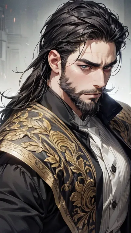 (best quality,4k,8k,highres,masterpiece:1.2),ultra-detailed,(realistic,photorealistic,photo-realistic:1.37),36 year old man,3 day beard,handsome anime,portraits,strong,masculine,dark hair,sharp jawline,mesmerizing eyes,perfectly styled hair,cool anime outf...