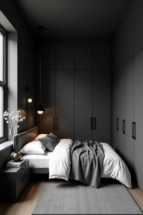 Small bedroom in black and white tones with multiple wardrobes