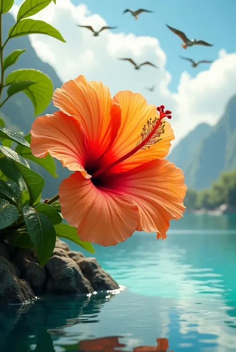   beautiful large-flowered orange hibiscus.,Leaning down  ,,  there are drops of water on the leaves , there are birds flying to the island  , below, clear , Clean water . 