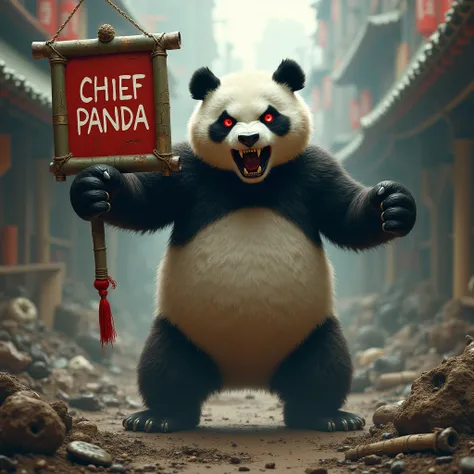 Panda holds up bamboo embroidery in filthy environment，His eyes were glowing red with anger,fighting poses. in the picture have text;"Chief Panda"