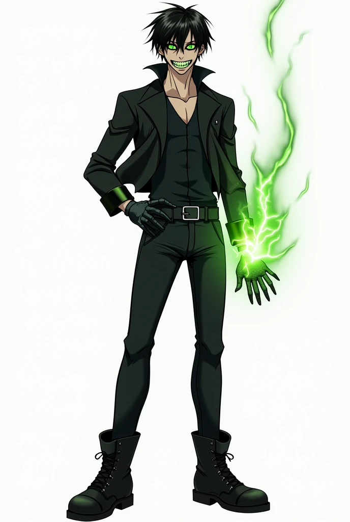 Scary tall young adult boy in black leather jacket, stylish black hair ,without shirt, black boots, with creepy black empty eyes and creepy green pupils, scary huge smile with sharp teeth ,on white canvas , in battle position ,with green energy in his left...