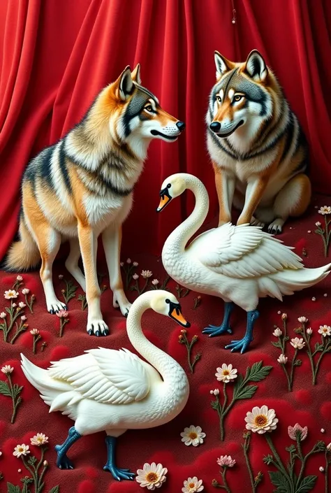 Embroidery  with wolves and swans in a red dress. 