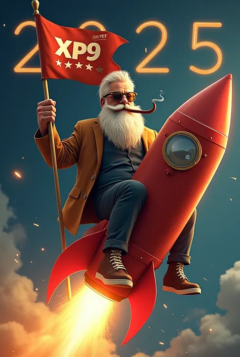  Create an avatar picture with a cool man with sunglas beard and cigar ,  riding on a New Years Eve rocket .  He is holding a flag with the lettering  "XP9 " in the hand.  In the lower area should a banner with the lettering  "WarcajiToLord ".  In the pict...