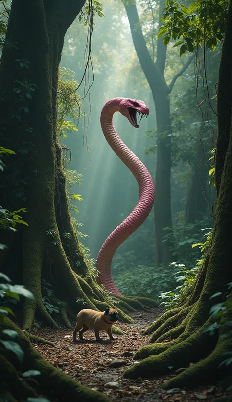 In a surreal and dramatic scene  ,  The scene takes place between gigantic roots that form a natural labyrinth on the jungle floor .  The pug cub is caught between two raised roots ,  as the gigantic serpent with sparkling pink scales striped with gold gli...