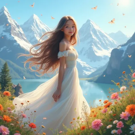 A beautiful girl is standing at a wonderful and delightful place. There are snow-covered mountains below, the sky is blue and the light rays of the sun are sparkling everywhere. The girl is wearing a beautiful dress which is fluttering in the wind. There i...