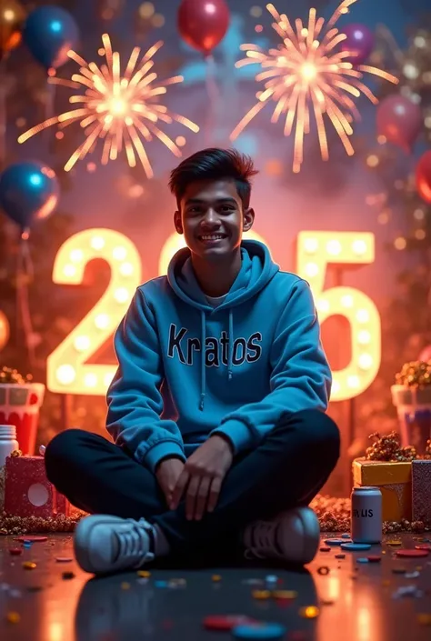 The 18-year- Indian old boy is sitting comfortably in front of large, lit up numbers that spell out 2025, with colorful fireworks and festive decorations in the background. He is wearing a Blue Hoodie that says “Kratos”, Black jeans and sneakers, smart boy...