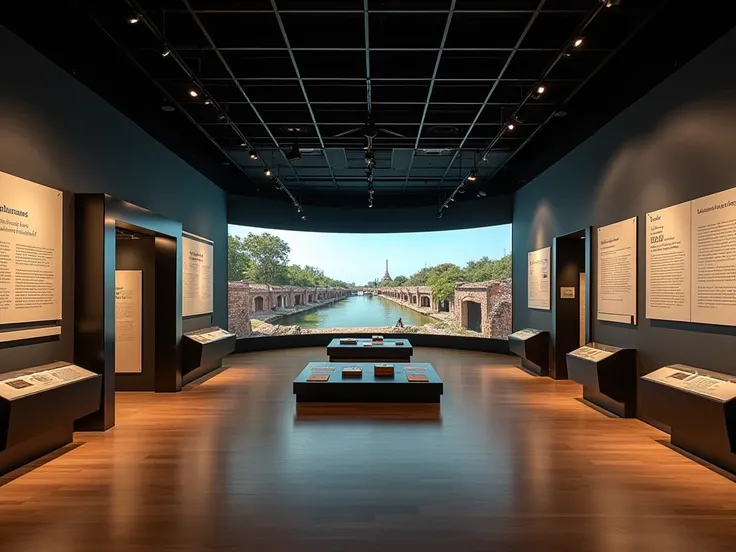 A modern exhibition layout with VR booths, a central 360° screen showing historical scenes of Belém, Brazil, and informational panels around the room, designed for an interactive historical experience."