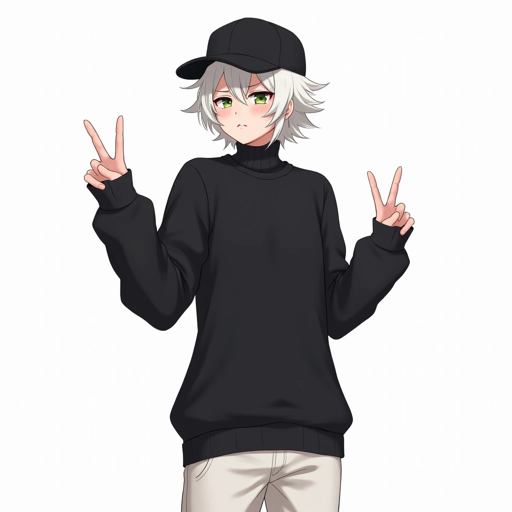  Image of a 24-year-old men wearing a black cap,  black sweater and white pants .
 She has white hair and green eyes .
She has a pose where she shows three fingers .
 full body.
he has a dazed face.
 white background.