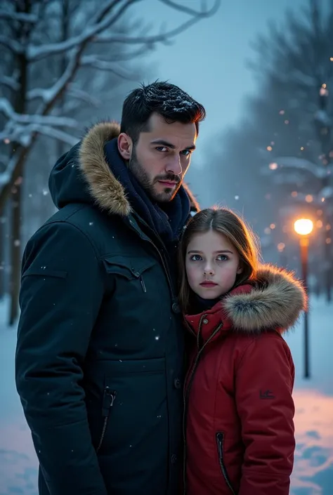  A tall Russian man with black hair and a Russian girl of medium height. The girl has light brown hair . Man and girl looking into the frame . The face of a man in full face ,  the face of a girl in full face . A man and a girl are standing in winter coats...