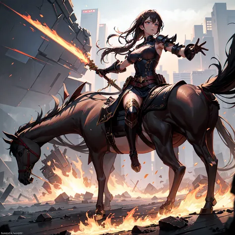 (((masterpiece, best quality, high detailed, 16k))) (1girl) A fearsome female warrior riding a crimson horse, her demonic armor a deep blood-red, with glowing embers. She wields a massive flaming sword, her eyes burning with fury. The landscape around her ...