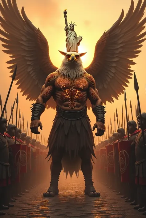 “A towering, muscular eagle warrior stands proudly on an ancient cobblestone road, exuding a serious and commanding presence. Its upper body is adorned with intricate, glowing symbolic tattoos that reflect the mysticism of an ancient, legendary kingdom. Be...