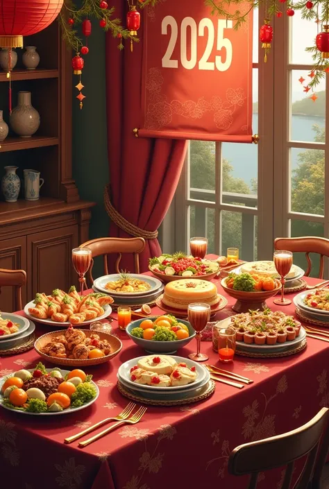 A table full of different types of delicious dish and fruits and a Happy new year welcome 2025 banner hang in the wall