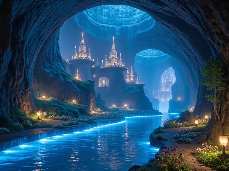 Create a stunning image of a beautiful underground city in a fantastical otherworld. The city is illuminated by soft, ethereal lights that reflect off crystal-clear underground rivers. Majestic palaces made of shimmering stones and intricate carvings rise ...