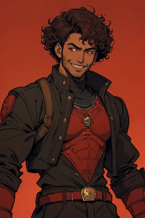 brown man, curly, medium hair, red eyes, black military jacket, baggy, smiling, masculine, robust, red background, science fiction, fantasy, malicious smile, in the style of Kentaro Miura