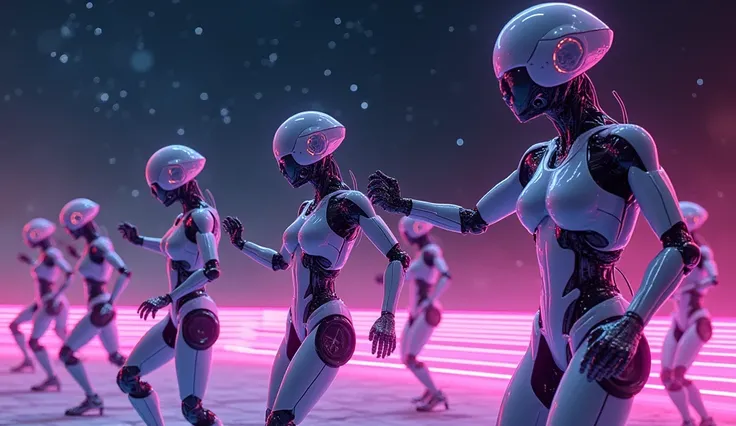 Robotic Ravers dancing under a nights sky. Neon lights surround the dancers. Hyper realistic style. 