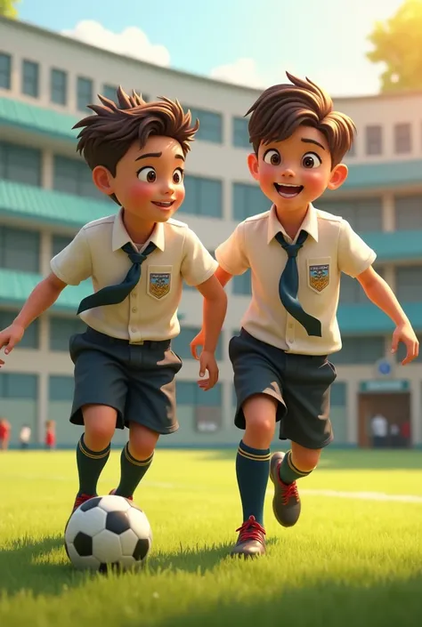 Two school boys wearing same school uniform go to the field play football after eating at the canteen