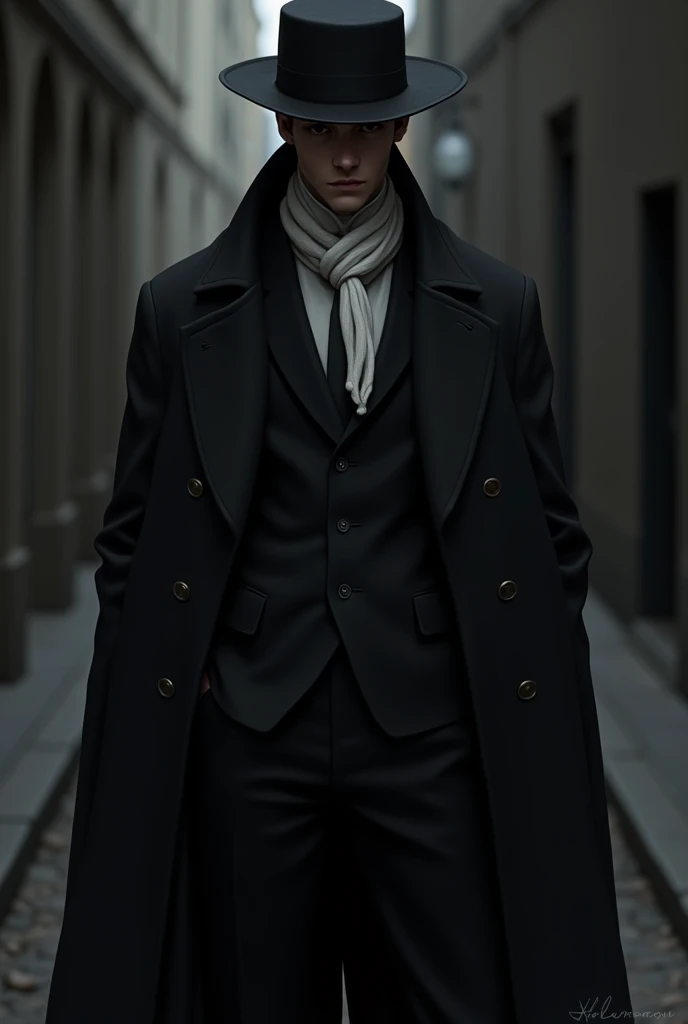 A young man wearing a black suit, a black hat, a long black coat, a white scarf around his neck.