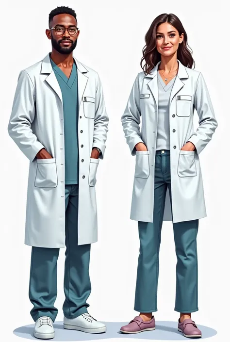 Create full body image of an adult man and woman wearing hospital lab coats focusing on the lab coat