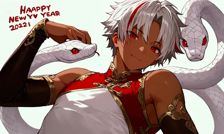 happy new year, white background, 1boy, silver hair, red streaked, red eyes, dark skin, twisted white snake, red sleeveless qipao, black arm covers, masterpiece, best quality