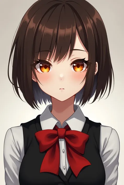 A girl with short brown hair, orange eyes. Wearing a white button-down shirt, a black vest and a red bow tie. Rosto malvado. Clear skin.

Anime style