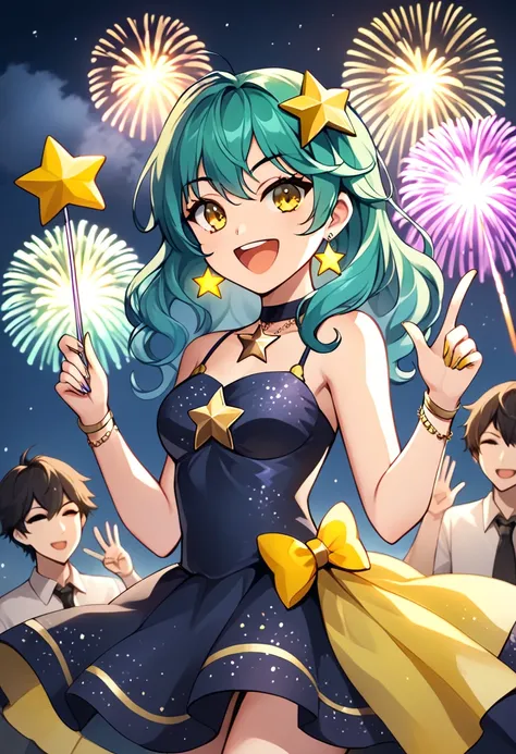 Girl with long dark turquoise hair, yellow eyes, yellow star pin in her head, party dress, coup of yellow sparkle water in her hand, in the night with fireworks 