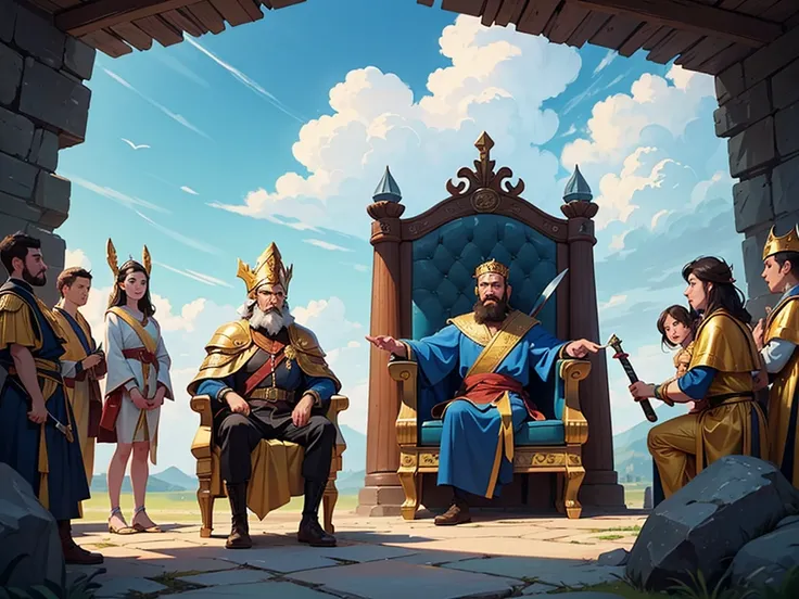 A cartoonish illustration depicting a historical or biblical scene . To the right,  a giant warrior with , hull,  and a beard holding a large sword and a golden shield . To the left,  a king seated on a golden throne observes the scene with a thoughtful ex...