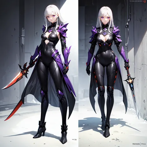 ((Best Quality)), ((Masterpiece)), ((Realistic)) slender, cute girl with medium-length white hair and vibrant purple eyes. She wears a tight-fitting, sleek suit with high-tech boots and chestplates. The outfit includes matching vambraces, all in a futurist...