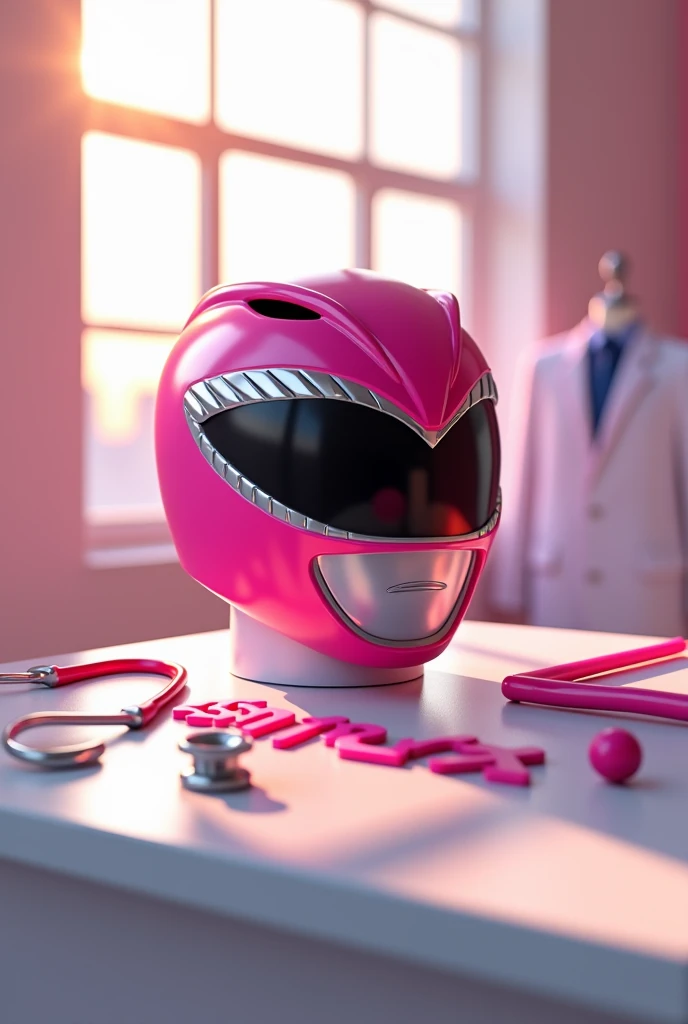 Top view,Helm power ranger pink, on the table White , there is a stethoscope ,syringe , and doctors white coat , has 3D writing .  it says : "Fighting Spirit".  In a bright morning atmosphere with sunshine,ultra realistic,detail,Ultra HD.