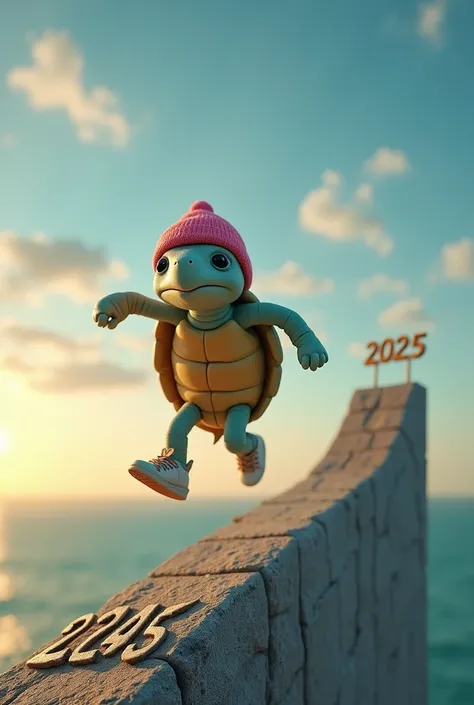 Créé moi une image qui montre une mignonne petite  tortue  anthropomorphe sans queue . Elle a une casquette rose sur la tete et des sneackers aux pieds. Elle  saute dune falaise marquée "2024" vers une autre falaise marquée "2025". Le fond représente un co...