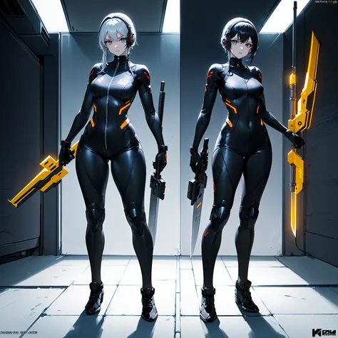 Design a layout showcase Gaming character, (1girl). Black+Silver clothes, sleek and modern, ((showcase weapon:1.4)), laser gun, (masterpiece:1.2), (best quality), 4k, ultra-detailed, (Step by step design, layout art:1.5), (neon lighting, cyber ambiance), c...