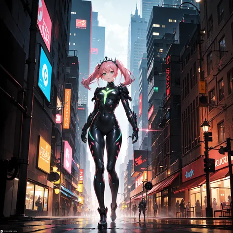 (((masterpiece, best quality, 16k)))A sleek and modern artwork of a cyberpunk female character in a high-tech, futuristic cityscape. The full-body view reveals her clad in black and silver clothes, featuring armored boots, a chestplate, and ornate shoulder...