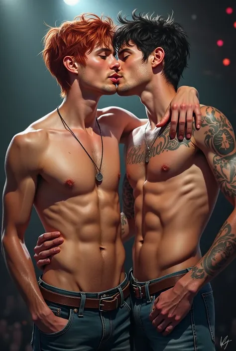  realistic drawing ,  Young man, pale, freckles,  short red hair ,gray eyes, smile,Kiss another man with black hair,show,cantor,band,tattoo,microphone,  kiss mouth , hand up ,covinha,shirtless, wet hair,outro  Young man moreno cabelo castanho de olhos cast...