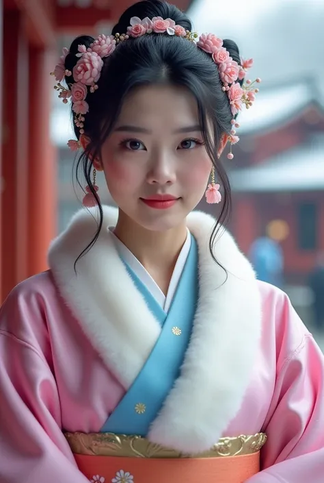 New Years landscape　Im wearing a glossy pink and blue pastel fukusou kimono　Hair color is black　Her hair is gorgeous, wrapped hair 　 has flower ornaments on her hair 　 is a shrine in the background　first visit of the year to a shrine　New Year&#39;s pine de...