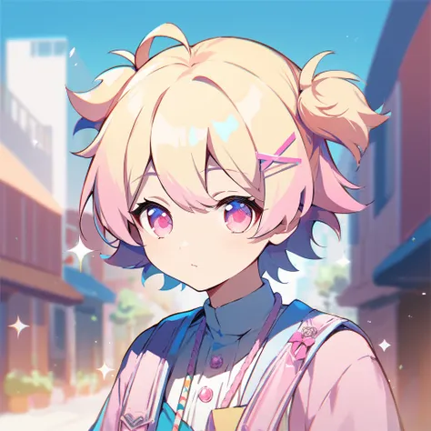 1girl, pretty, cute, blonde with pink gradation hair, short hair, mini twintail, bangs, pink eyes, cute casual outfit, pastel