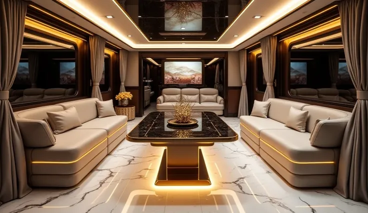 "Create a highly luxurious interior design for a modern Tesla Cyber Motorhome. The setting should include elegant leather sofas, a polished marble floor with gold accents, ambient LED lighting, and a futuristic central table with artistic decor. Add stylis...