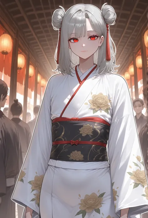 ((gray hair), medium hair, twins hair buns, side bangs), (red eyes, perfect eyes),
white oriental kimono, floral prints
standing in an eastern village, samurai in the background, people with oriental looks in the background,
(expressionless, shadowed face,...