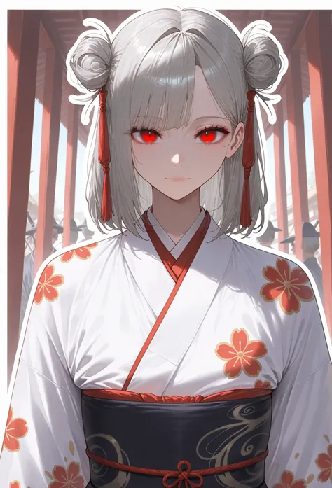 ((gray hair), medium hair, twins hair buns, side bangs), (red eyes, perfect eyes),
white oriental kimono, floral prints
standing in an eastern village, samurai in the background, people with oriental looks in the background,
(expressionless, shadowed face,...