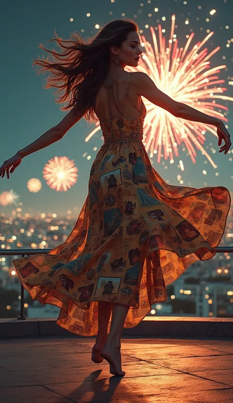 An old comic style, hyper-realistic illustration of a beautiful dancer, dressed in a print of famous paintings, barefoot. Dancing on a rooftop with lights and fireworks in the background. Super quality, super resolution, volumetric lights.
