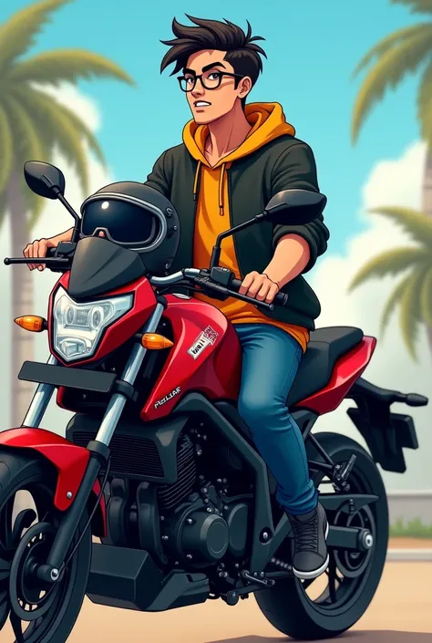 Indian 19 year age guy with black spectacles...dark wheatish skin on a...Bajaj Pulsar bike...full bike image...with helmet kept on bike...complete anime style