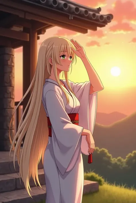 1 graceful, beautiful, stunning, stunning, gorgeous Anime woman, standing outside of a stone cabin, sunset, looking over the horizen, one hand to the top of her forehead shielding her from the sun, very long straight pale blonde hair, green eyes, wearing a...