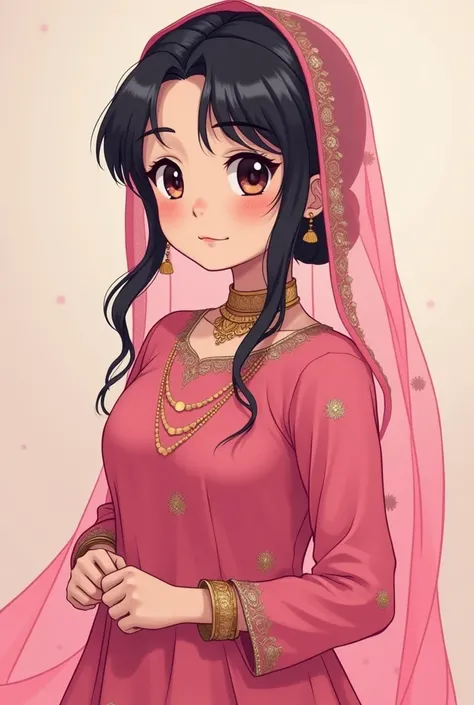 a girl with indian cultural dress , she wear pink shoot and pajami and also wear pink rasmi dupatta , her hair would be dark black and eyes also ,, her eyes are big and cute , in anime version , her age also 18 year