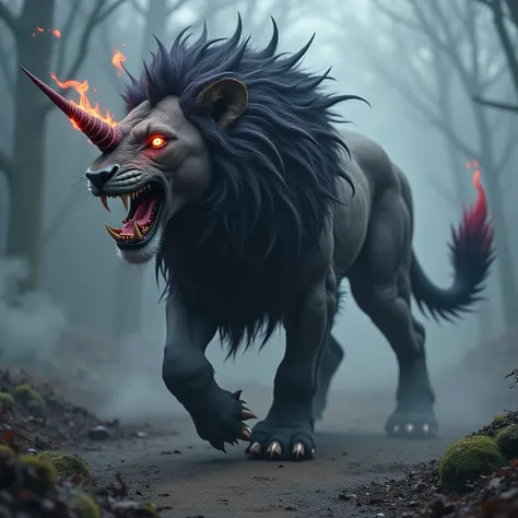 "Create an image of a terrifying and dangerous hybrid between a lion and a unicorn. The creature has the powerful, muscular body of a lion, with dark, matted fur and sharp claws, but its head is twisted with features of a unicorn, including a long, spirali...