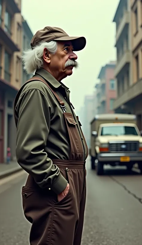 Einstein, disguised as the driver, standing nearby and thinking, Now the driver is in trouble!