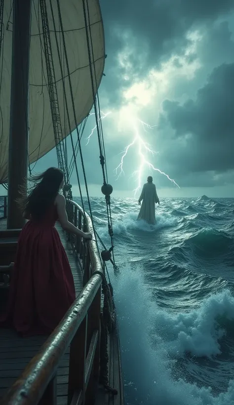 A wooden ship is in a strong storm at sea , a woman is scared on the ship ,  a man wearing a robe is walking on the water going to the ship, About the man there is a great light coming from the sky .